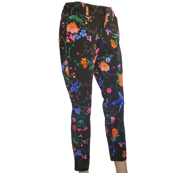 Old Navy Black Floral Pants Mid Rise Women's 10 Reg Pockets Belt Loops - Picture 1 of 10